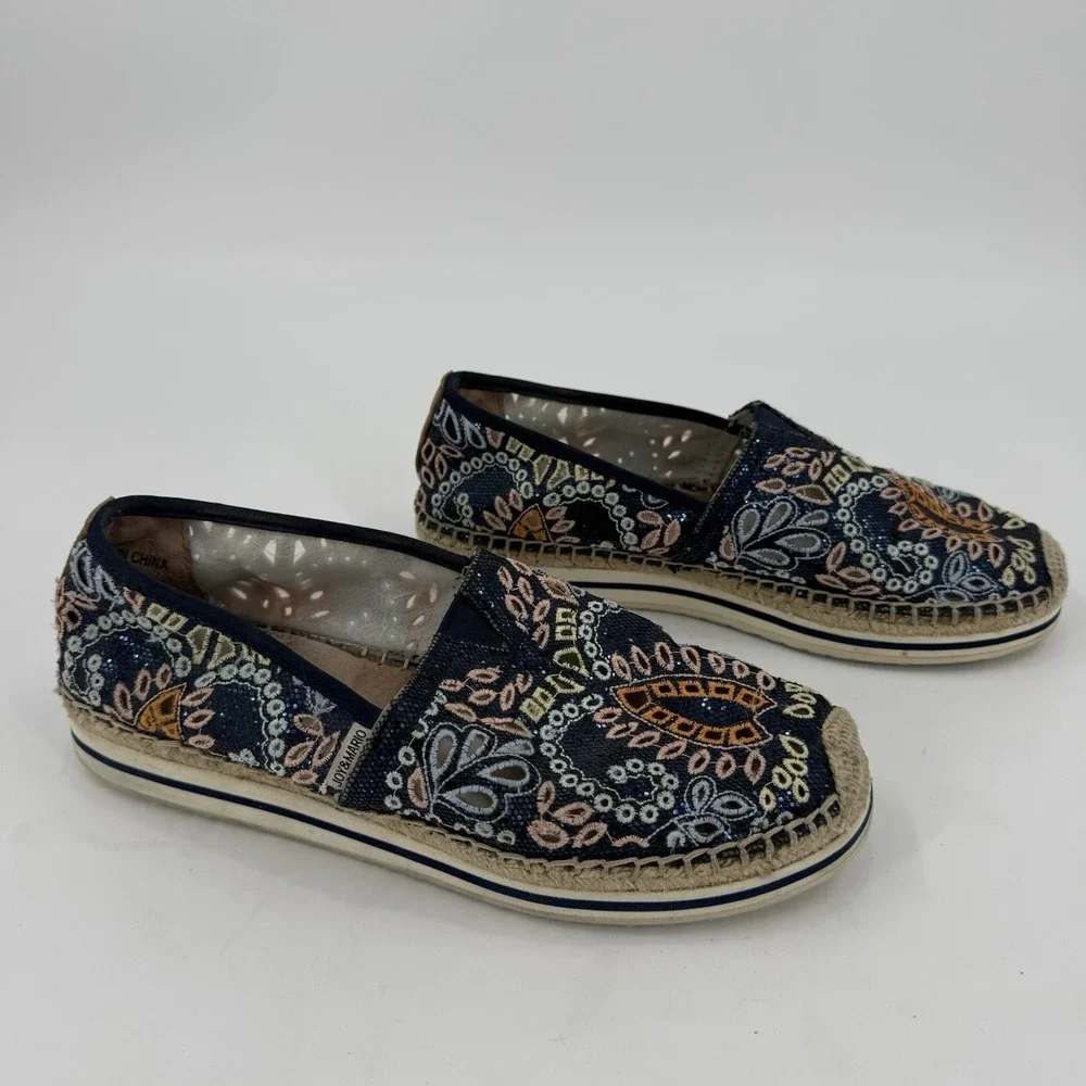 Joy & Mario Womens 7.5 Embroidered Espadrille Slip On Flats Navy Floral